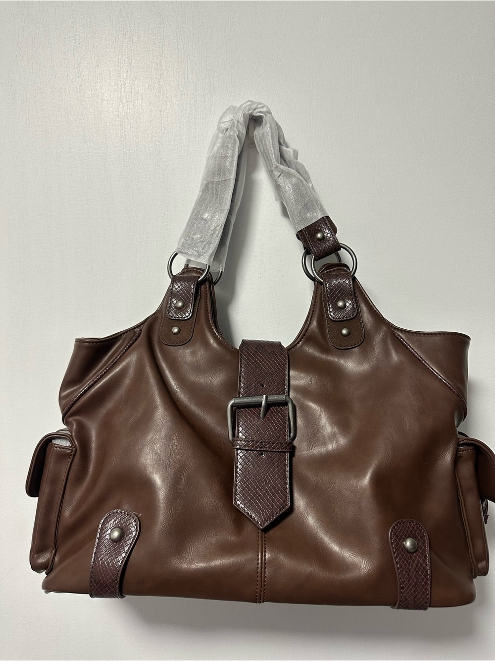 Brown Leather Hobo Bag with Buckle Detail